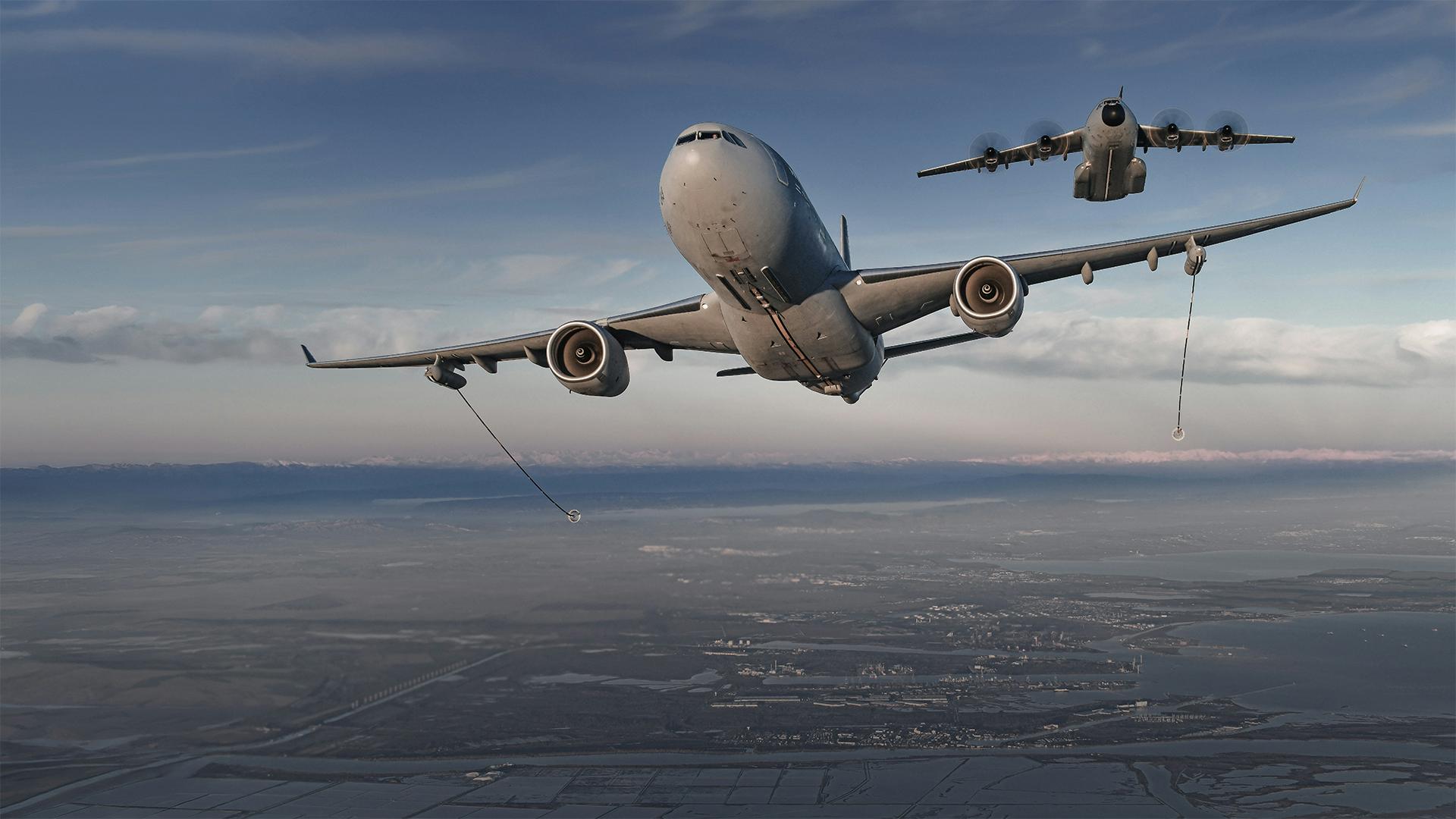 An Airbus A330 MRTT refuelling an A400M in flight