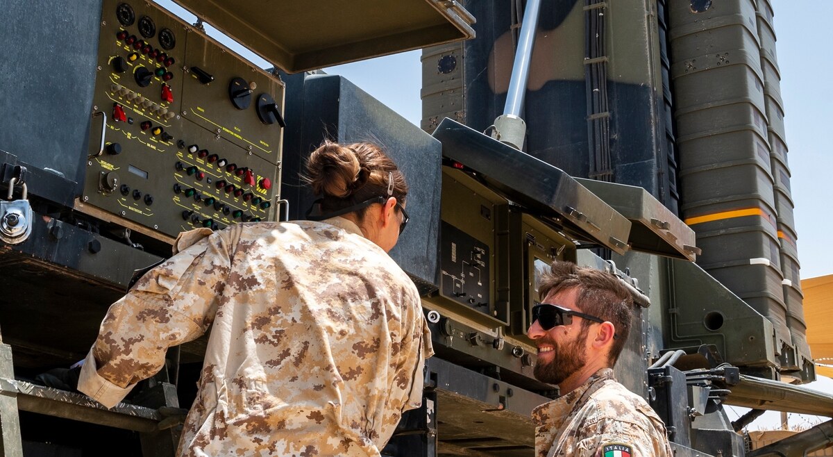 Italian personnel at the control console of an Italian SAMP-T launcher during a U.S.-Italian open day at Ali Al Salem Air Base, Kuwait