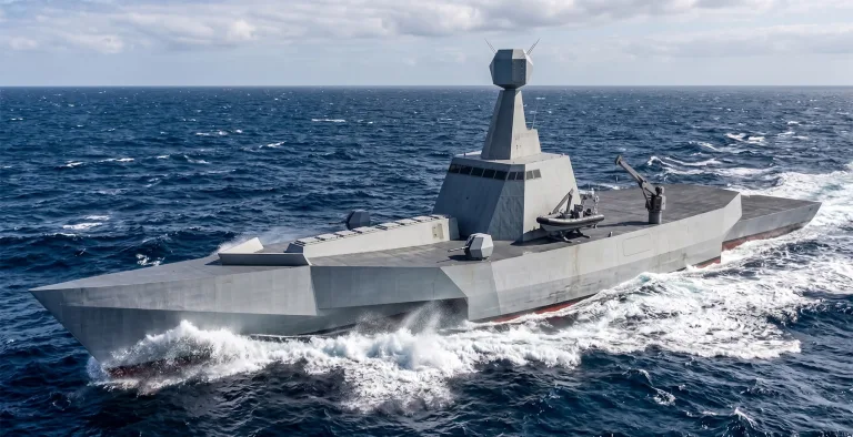 Concept rendering of a minimally crewed BAE Systems Sensor Effector Platform at sea