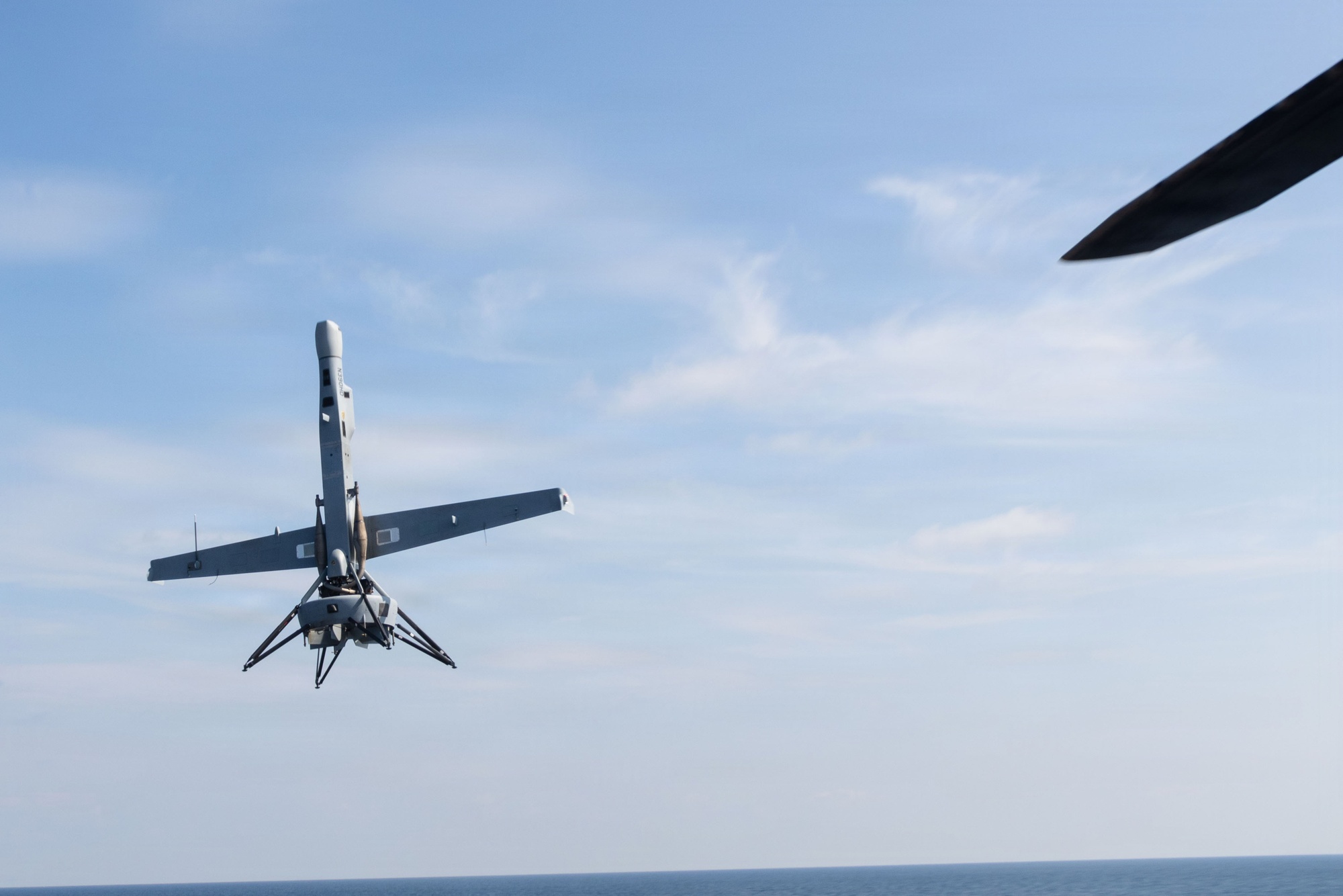 A V-BAT unmanned aircraft launches from USS Portland